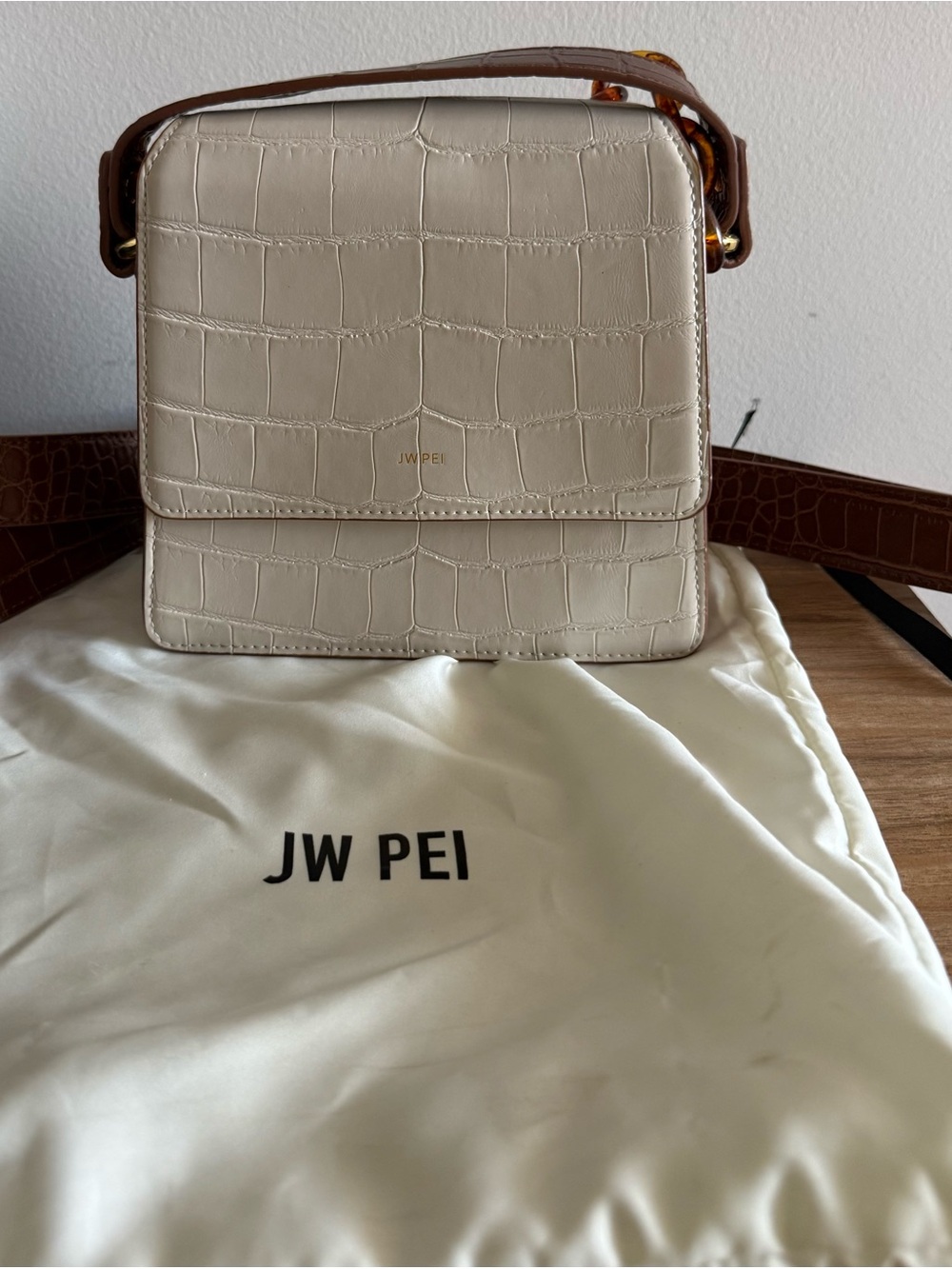 JW PEI Cream Croc-Embossed Box Crossbody with Brown Strap